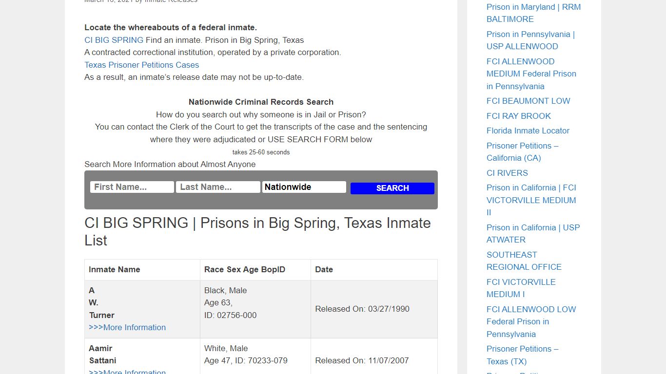 CI BIG SPRING | Prison in Big Spring, Texas – Inmate Releases